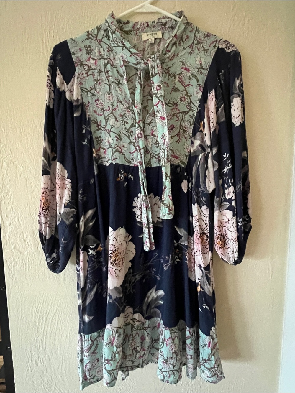 Umgee Navy and Mint Floral Tie-Neck Mini Dress